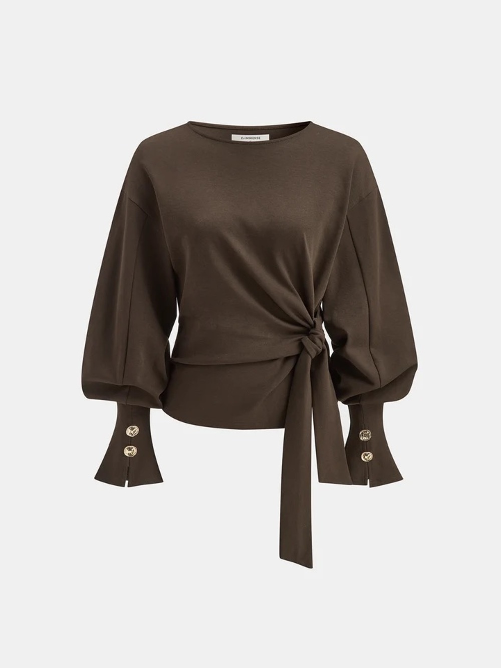 Commense Dark Brown Twist Waist Knot Balloon Sleeve Sleeve Top